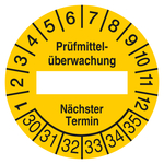 Pr&uuml;fplakette Pr&uuml;fmittel&uuml;berwachung N&auml;chster Termin 2030 Gelb Dokumentenfolie &Oslash; 30 mm 10 St&uuml;ck/Bogen