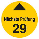 Pr&uuml;fplakette N&auml;chste Pr&uuml;fung mit Pfeil und Jahr 29 Gelb Folie &Oslash; 35 mm 10 St&uuml;ck/Bogen