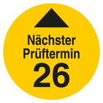 Pr&uuml;fplakette N&auml;chster Pr&uuml;ftermin mit Pfeil und Jahr 26 Gelb Folie mit Schutzfolie &Oslash; 60 mm 4 St&uuml;ck/Bogen