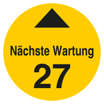 Pr&uuml;fplakette N&auml;chste Wartung mit Pfeil und Jahr 27 Gelb Folie abl&ouml;sbar &Oslash; 60 mm 500 St&uuml;ck/Rolle