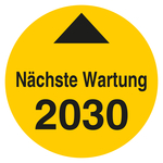 Pr&uuml;fplakette N&auml;chste Wartung mit Pfeil und Jahr 2030 Gelb Folie &Oslash; 20 mm 10 St&uuml;ck/Bogen