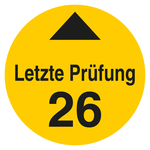 Pr&uuml;fplakette Letzte Pr&uuml;fung mit Pfeil und Jahreszahl (zweistellig) Gelb