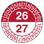 Pr&uuml;fplakette mit Jahreszahl 26 f&uuml;r 2 Jahre Rot Folie abl&ouml;sbar &Oslash; 20 mm 100 St&uuml;ck/Rolle
