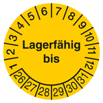 Pr&uuml;fplakette Lagerf&auml;hig bis Gelb
