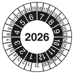 Pr&uuml;fplakette mit Tag, Monat und Jahreszahl Wei&szlig;