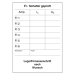 Pr&uuml;fnachweis FI - Schalter gepr&uuml;ft mit Logo und Firmendaten