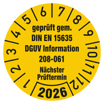 Pr&uuml;fplakette gepr&uuml;ft gem. DIN EN 15635 DGUV Information 208-061 N&auml;chster Pr&uuml;ftermin mit Jahreszahl (vierstellig) Gelb
