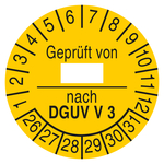 Pr&uuml;fplakette Gepr&uuml;ft von nach DGUV V 3 Gelb
