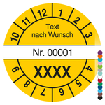 Jahrespr&uuml;fplakette mit Wunschtext und fortlaufender Nummerierung rund mit Jahreszahl