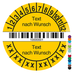 Mehrjahrespr&uuml;fplakette mit Wunschtext, Barcode und fortlaufender Nummerierung rund f&uuml;r 6 Jahre