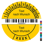 Jahrespr&uuml;fplakette mit Wunschtext, Barcode und fortlaufender Nummerierung rund mit Jahreszahl