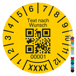 Jahrespr&uuml;fplakette mit Wunschtext, QR Code und fortlaufender Nummerierung rund mit Jahreszahl